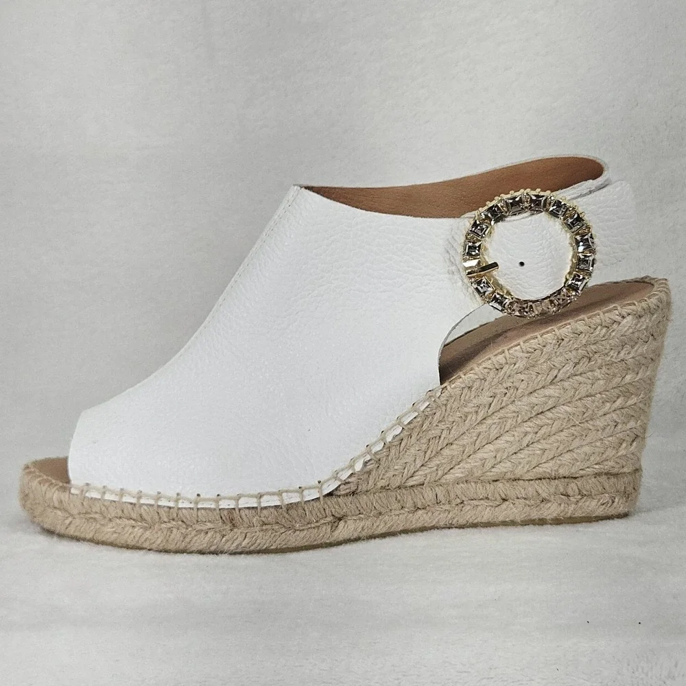 Maypol Sandal Womens 8.5 White Leather Espadrille Wedge Rhinestone Anthropologie